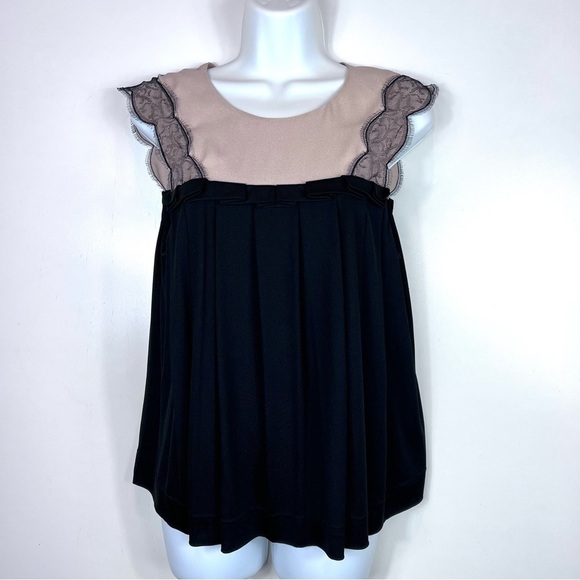 3.1 Philip Lim Silk Pleated Tan Black Top Blouse Size Large - Picture 1 of 13